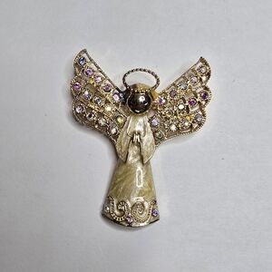 Gold and Cream Angel Brooch with Gem Accents